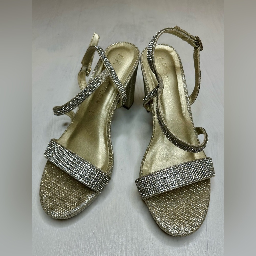 Anne Klein Gold Rhinestone Block Heel Sandals 7.5 M Ankle Strap Dress Shoes